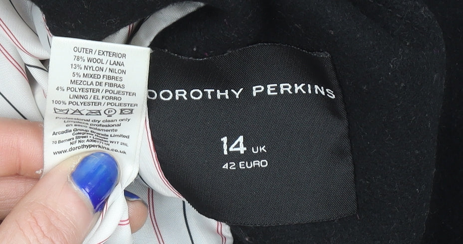 Dorothy Perkins Women’s Black Wool Blend Long Pea Coat Size 14