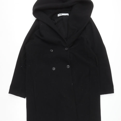 Zara Women Black Wool Blend Hooded Long Coat Size 12