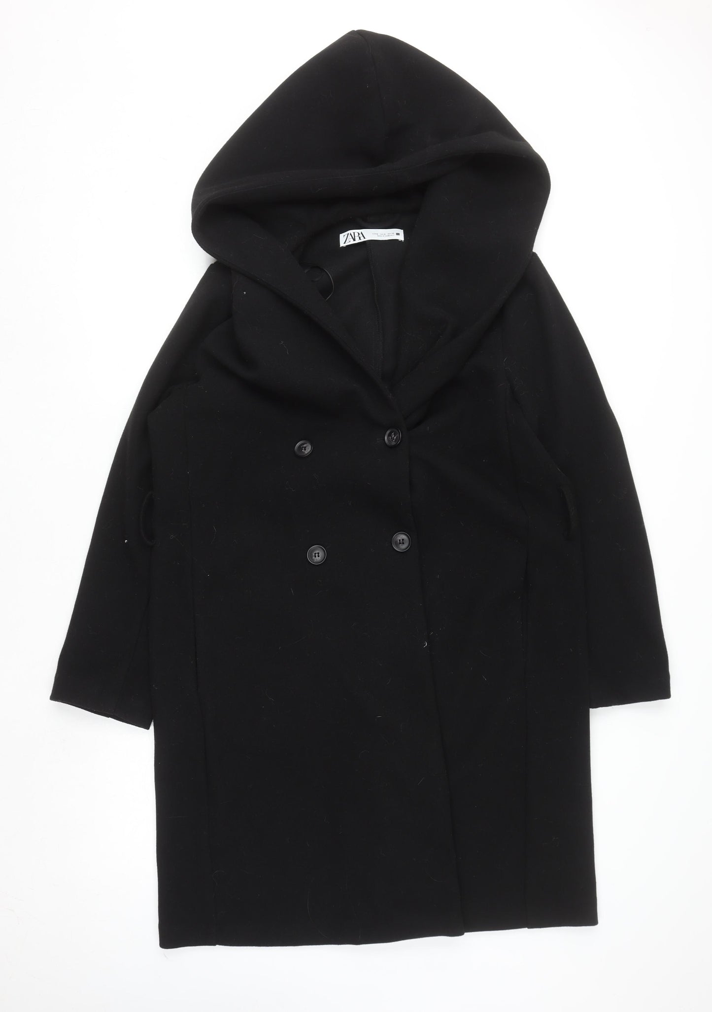 Zara Women Black Wool Blend Hooded Long Coat Size 12
