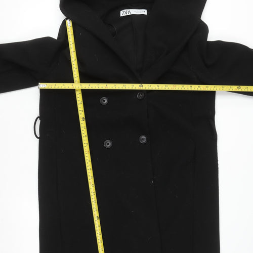 Zara Women Black Wool Blend Hooded Long Coat Size 12