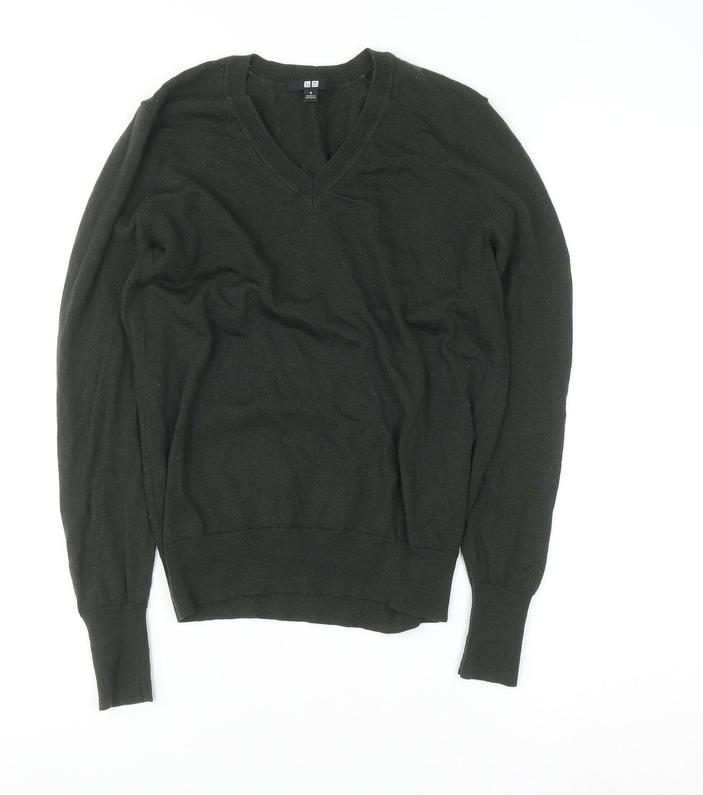 Uniqlo Women Black Wool V-Neck Jumper Size S Long Sleeve Knit
