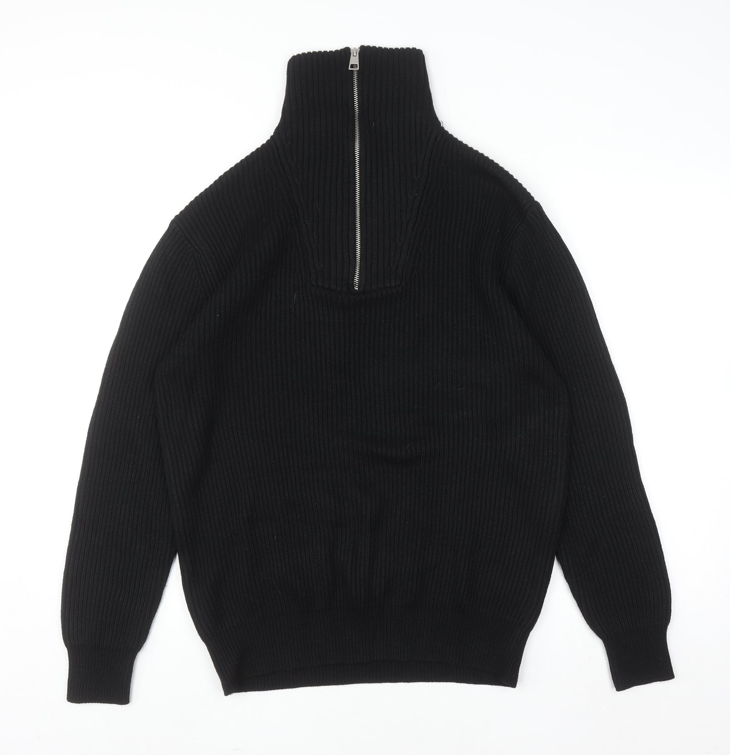 Zara Womens Black Ribbed High Neck 1/2 Zip Knit Jumper Size 12