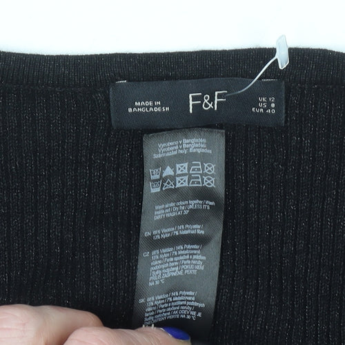 F&F Women’s Black Knit Puff Sleeve Long Sleeve Blouse UK 12