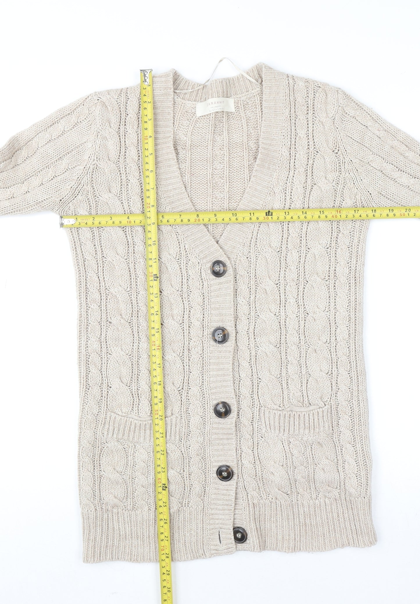 Zara Women Beige Cable Knit Long Sleeve V-Neck Cardigan Size S