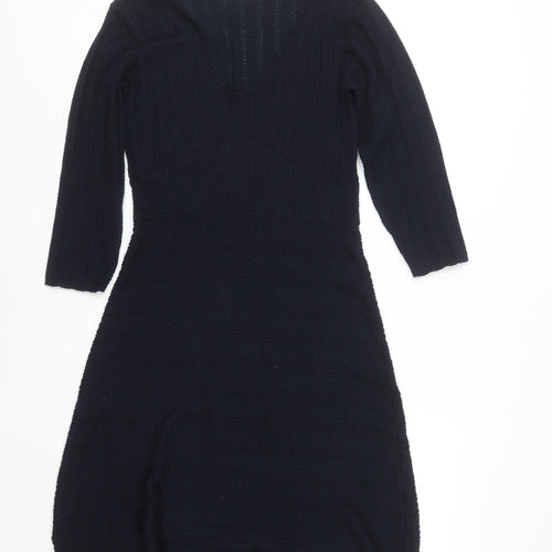 Monsoon Women Black Wool Knit Bodycon Dress Size S V-Neck 3/4 Sleeve