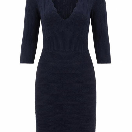 Monsoon Women Black Wool Knit Bodycon Dress Size S V-Neck 3/4 Sleeve