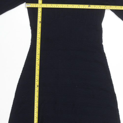 Monsoon Women Black Wool Knit Bodycon Dress Size S V-Neck 3/4 Sleeve