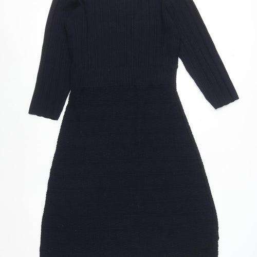 Monsoon Women Black Wool Knit Bodycon Dress Size S V-Neck 3/4 Sleeve