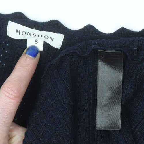 Monsoon Women Black Wool Knit Bodycon Dress Size S V-Neck 3/4 Sleeve