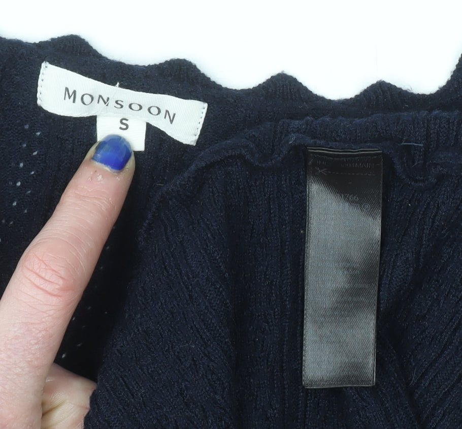 Monsoon Women Black Wool Knit Bodycon Dress Size S V-Neck 3/4 Sleeve
