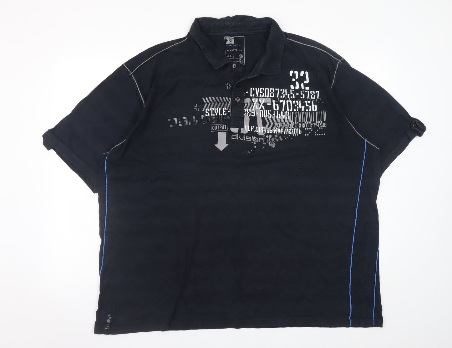 F&F Men's Black 2XL Graphic Print Cotton Polo Shirt