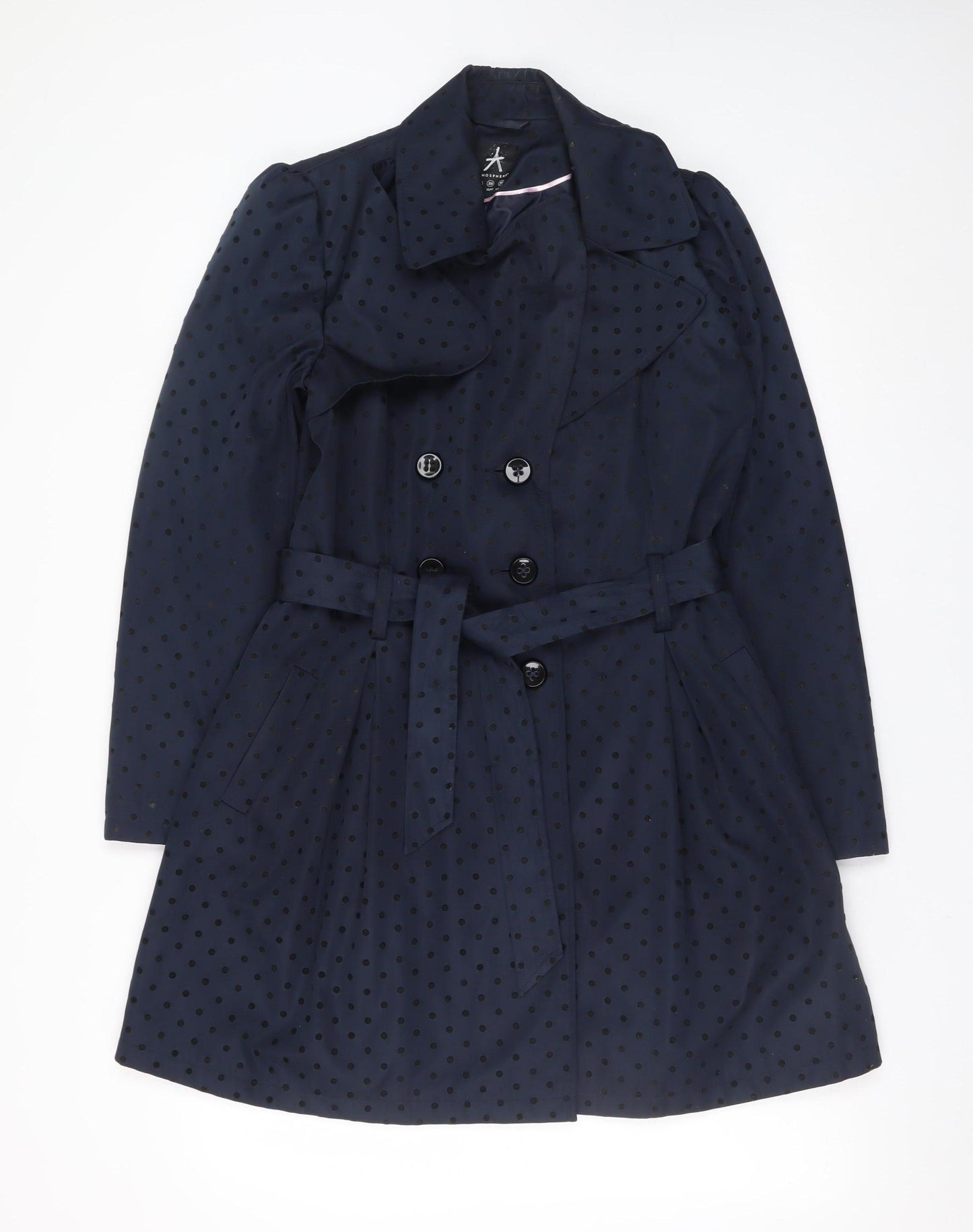 Atmosphere Women's Blue Polka Dot Trench Coat Size 10 Belted Mid-Length