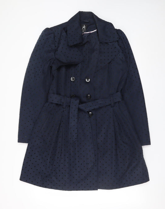 Atmosphere Women's Blue Polka Dot Trench Coat Size 10 Belted Mid-Length