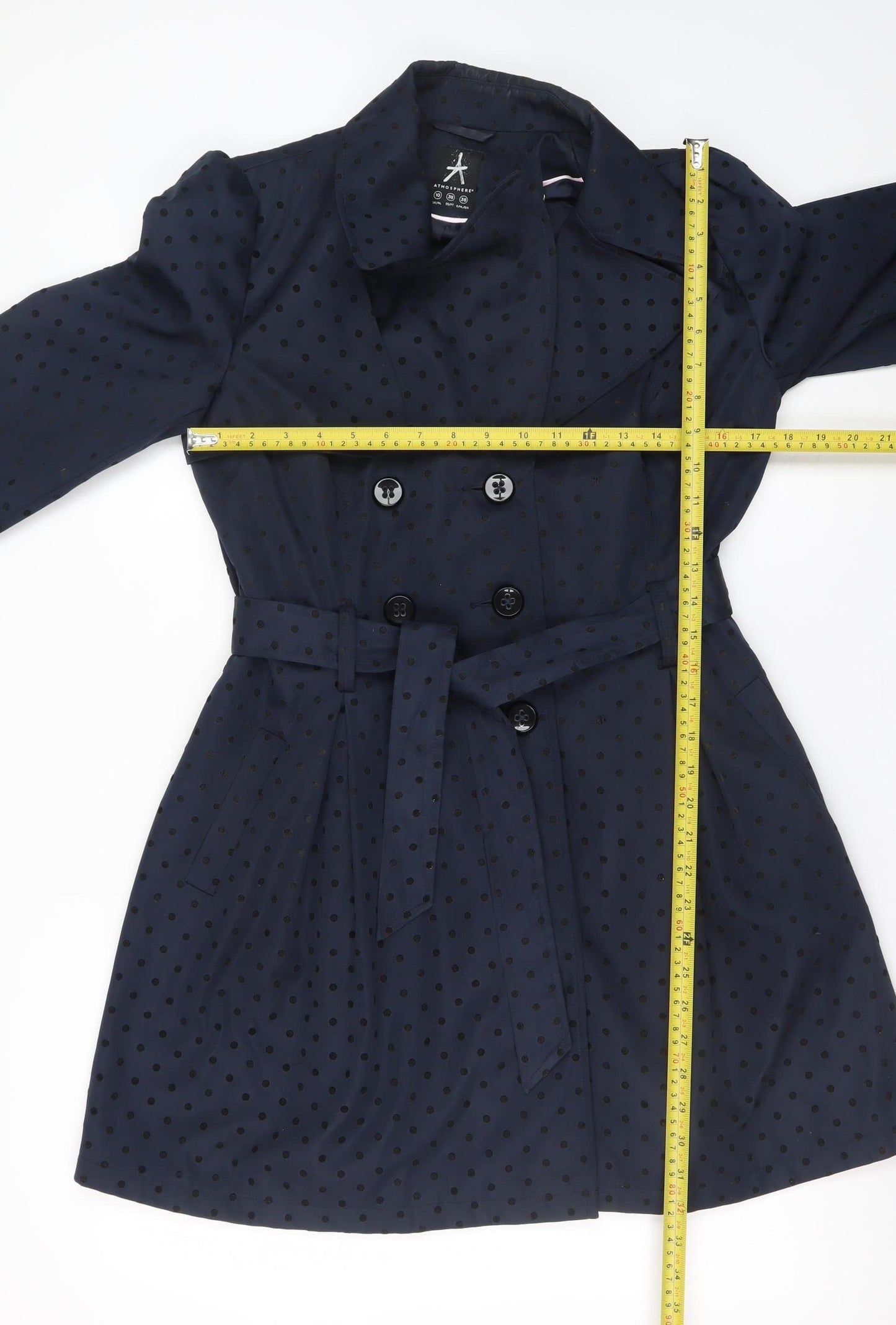 Atmosphere Women's Blue Polka Dot Trench Coat Size 10 Belted Mid-Length