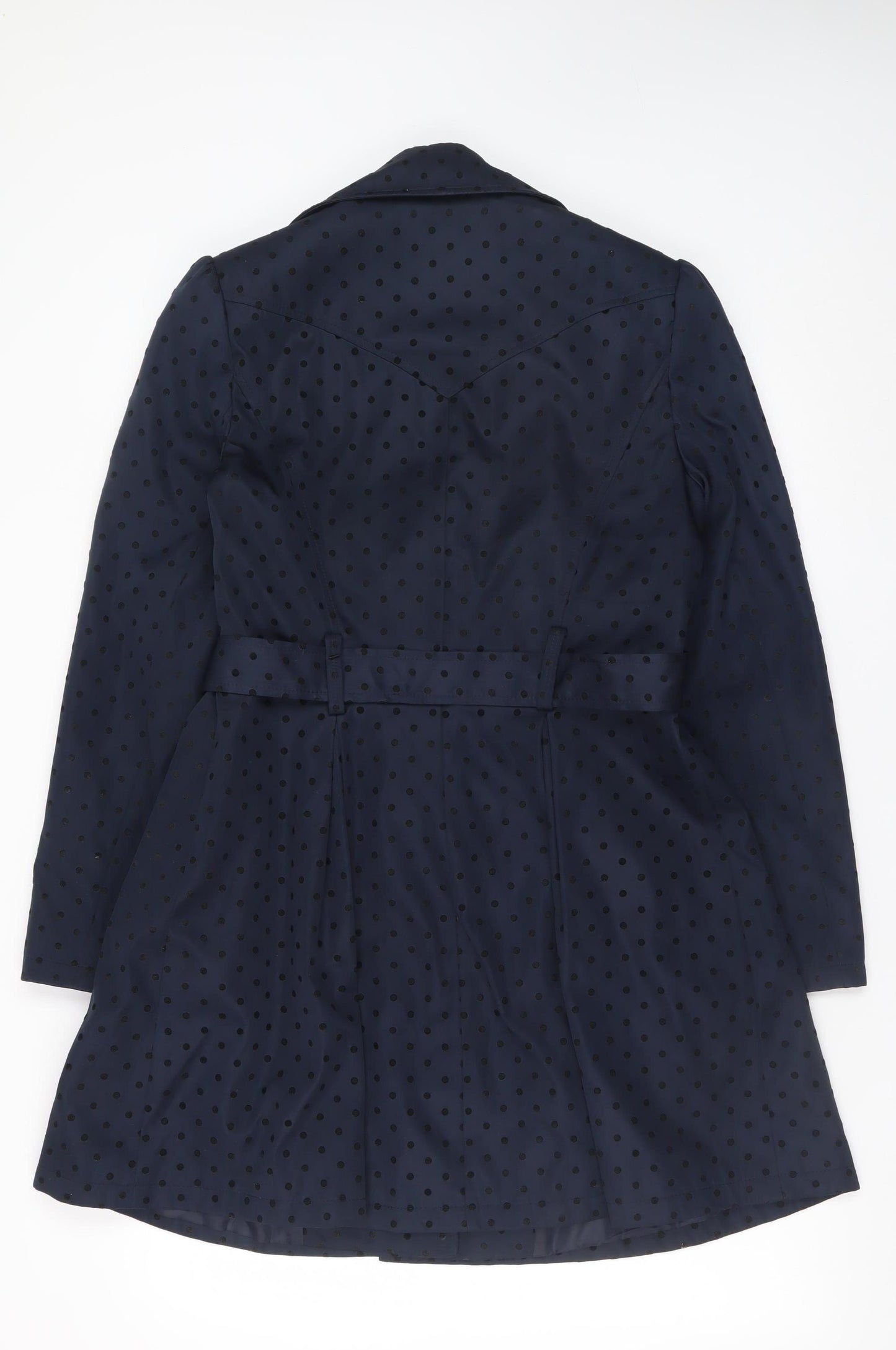 Atmosphere Women's Blue Polka Dot Trench Coat Size 10 Belted Mid-Length