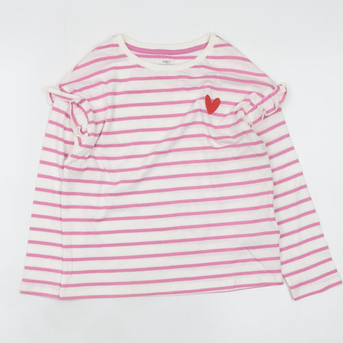Marks and Spencer Girls Pink Stripe Long Sleeve Ruffle T-Shirt 6-7 Years
