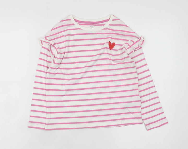 Marks and Spencer Girls Pink Stripe Long Sleeve Ruffle T-Shirt 6-7 Years