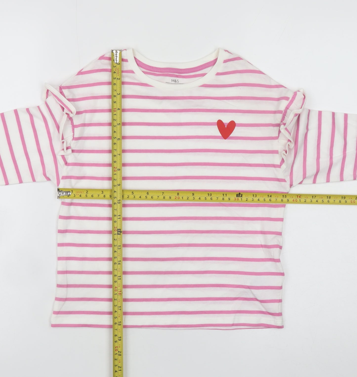 Marks and Spencer Girls Pink Stripe Long Sleeve Ruffle T-Shirt 6-7 Years