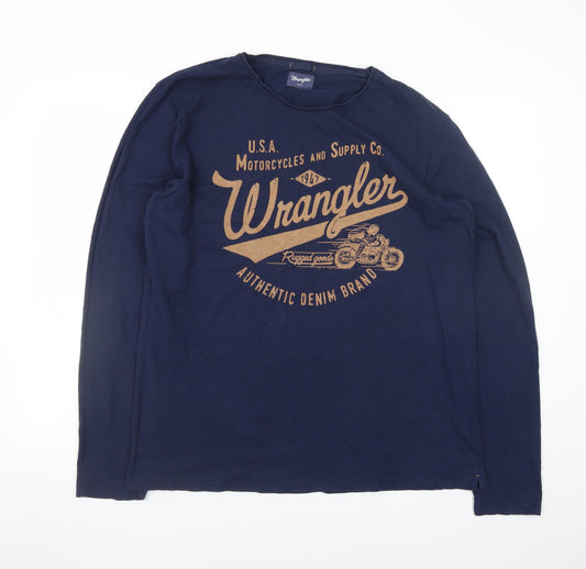 Wrangler Men's Blue Long Sleeve Graphic T-Shirt XL Retro Motorcycle