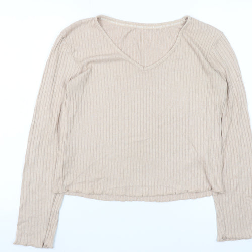 Primark Womens Beige Ribbed V-Neck Long Sleeve Pyjama Top 2XS