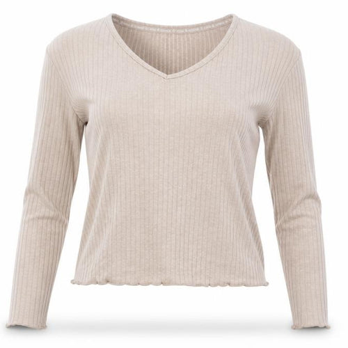 Primark Womens Beige Ribbed V-Neck Long Sleeve Pyjama Top 2XS