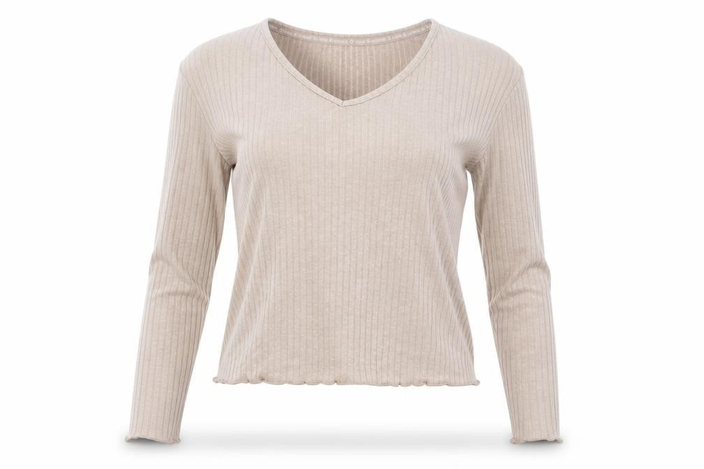 Primark Womens Beige Ribbed V-Neck Long Sleeve Pyjama Top 2XS