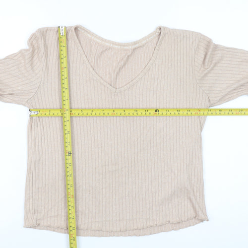 Primark Womens Beige Ribbed V-Neck Long Sleeve Pyjama Top 2XS