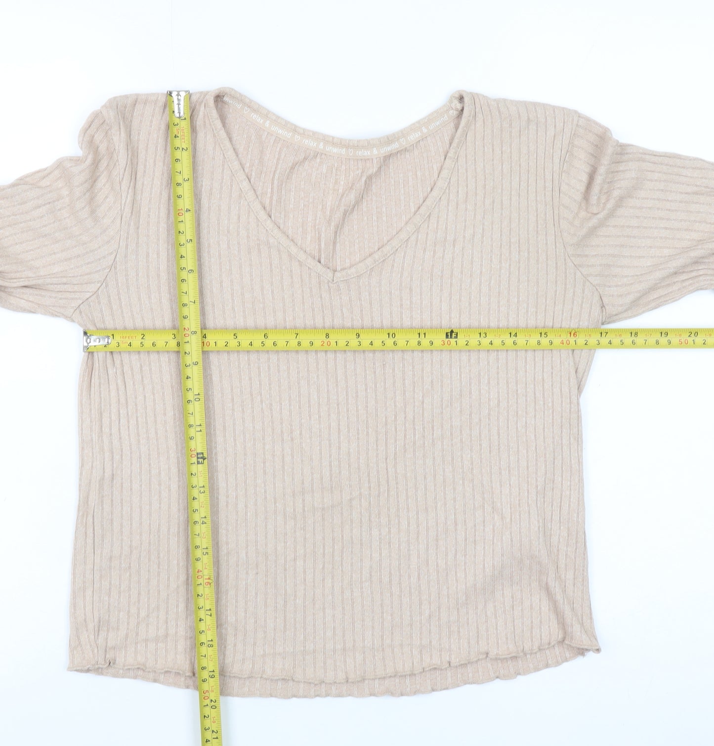 Primark Womens Beige Ribbed V-Neck Long Sleeve Pyjama Top 2XS
