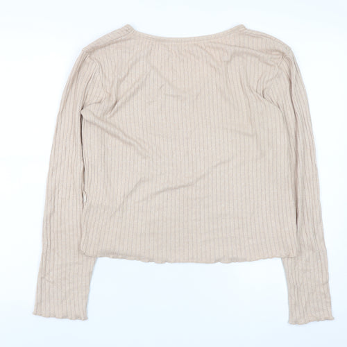 Primark Womens Beige Ribbed V-Neck Long Sleeve Pyjama Top 2XS