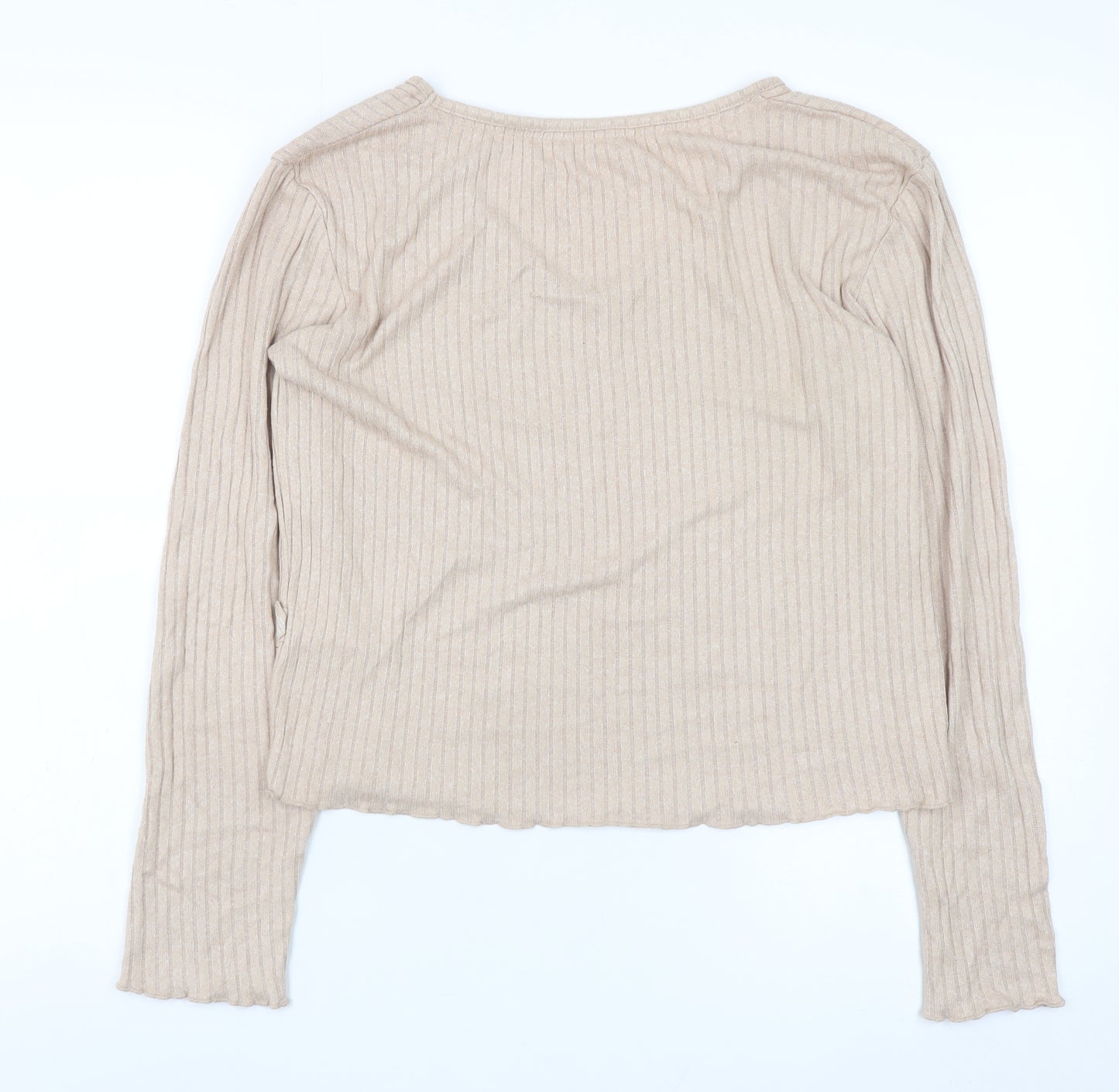 Primark Womens Beige Ribbed V-Neck Long Sleeve Pyjama Top 2XS