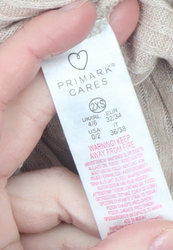 Primark Womens Beige Ribbed V-Neck Long Sleeve Pyjama Top 2XS