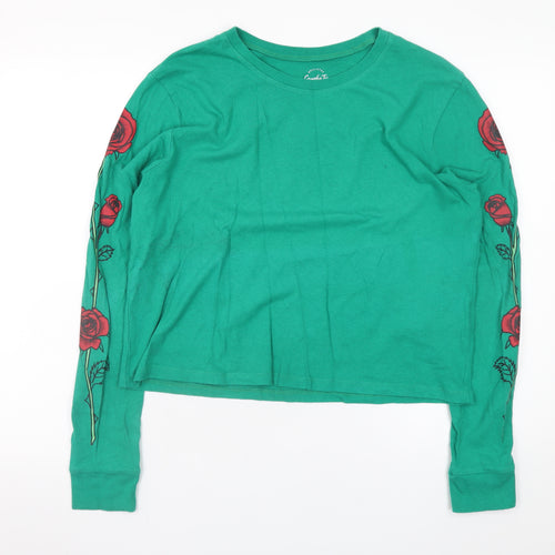 Hollister Women's Green Graphic Long Sleeve Cropped T-Shirt S