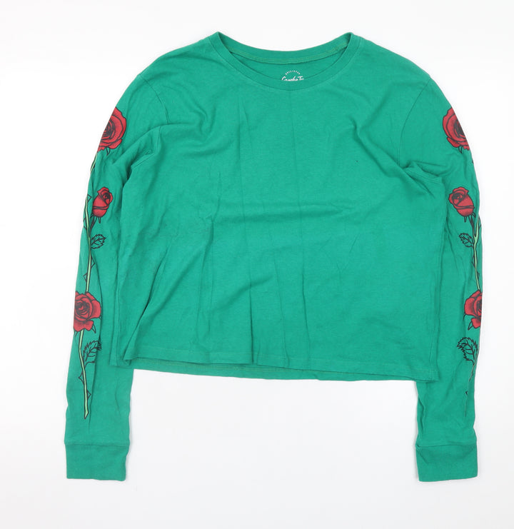 Hollister Women's Green Graphic Long Sleeve Cropped T-Shirt S