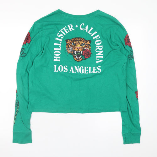Hollister Women's Green Graphic Long Sleeve Cropped T-Shirt S