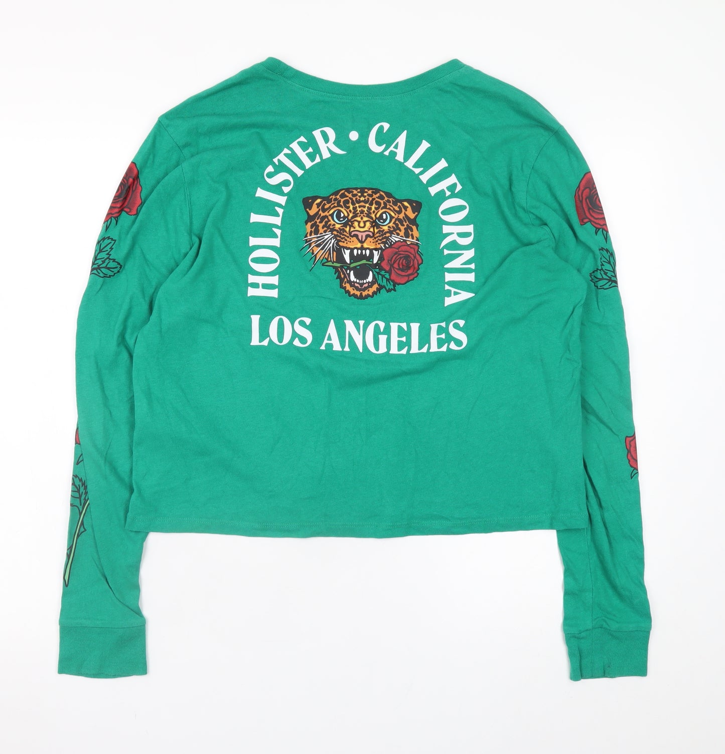 Hollister Women's Green Graphic Long Sleeve Cropped T-Shirt S