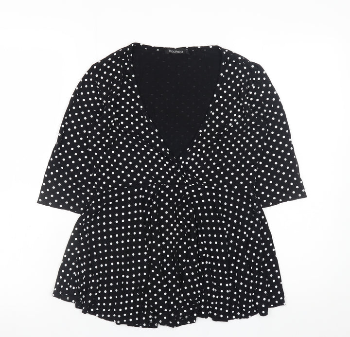 Boohoo Women’s Black Polka Dot Wrap Blouse Size 12 3/4 Sleeve