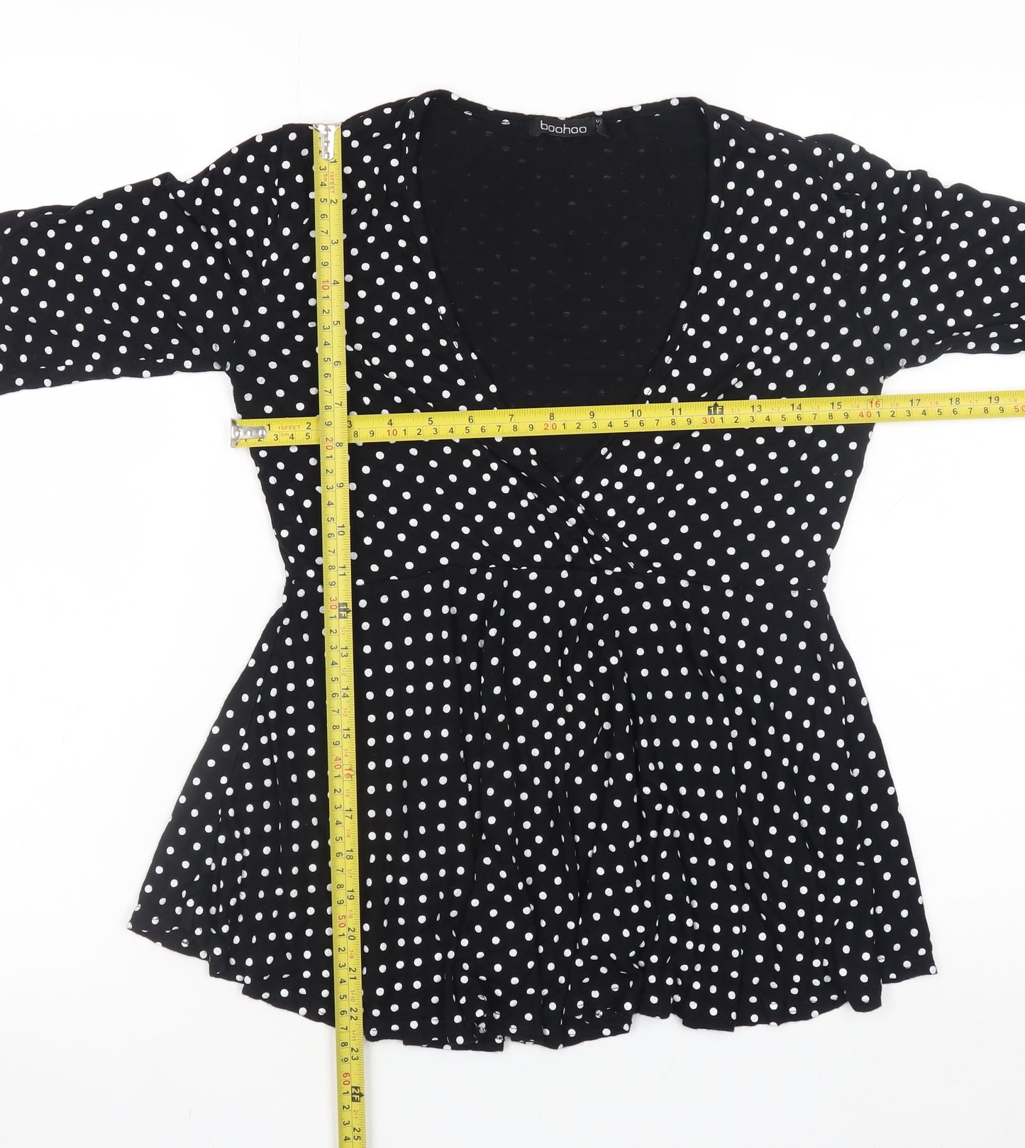 Boohoo Women’s Black Polka Dot Wrap Blouse Size 12 3/4 Sleeve