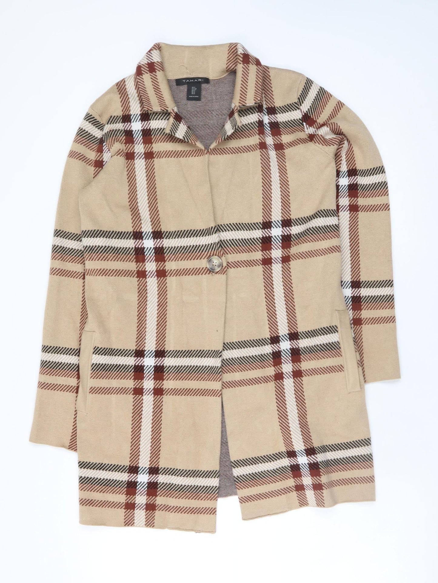 Tahari Women's Beige Check Knit Coatigan Size S Classic Work Style