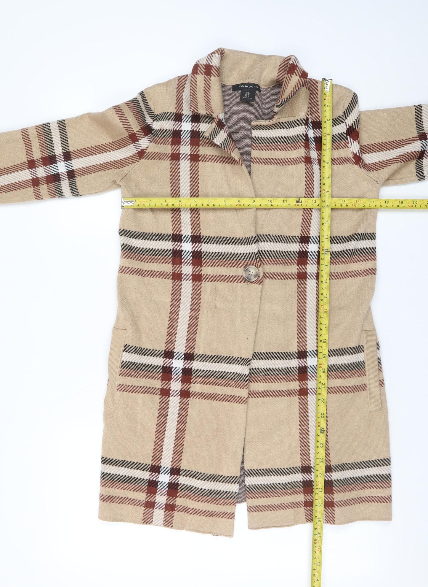 Tahari Women's Beige Check Knit Coatigan Size S Classic Work Style