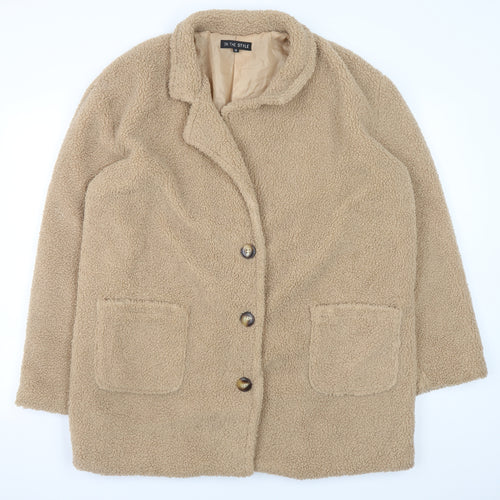 In The Style Women Beige Faux Fur Teddy Coat Size 14 Button Up Lined