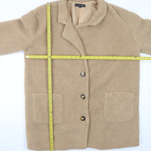 In The Style Women Beige Faux Fur Teddy Coat Size 14 Button Up Lined