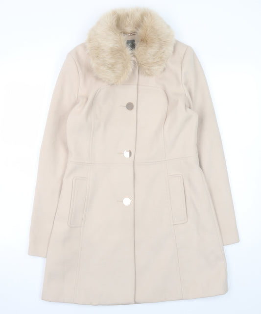 Oasis Women Beige Mid-Length Fur Collar Coat Size S