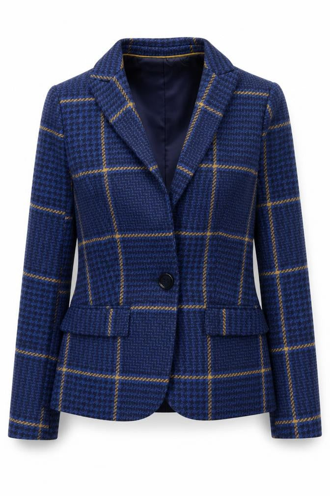 Front view of Next Petite Women's Blue Check Blazer Jacket, size 6