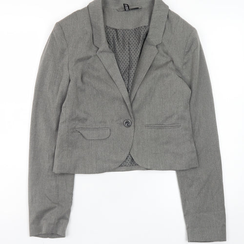 H&M Women Grey Cropped Blazer Jacket Size 10 Lined Single-Breasted