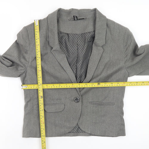 H&M Women Grey Cropped Blazer Jacket Size 10 Lined Single-Breasted