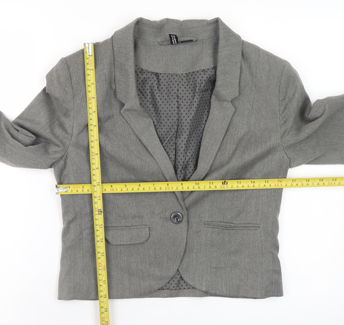 H&M Women Grey Cropped Blazer Jacket Size 10 Lined Single-Breasted
