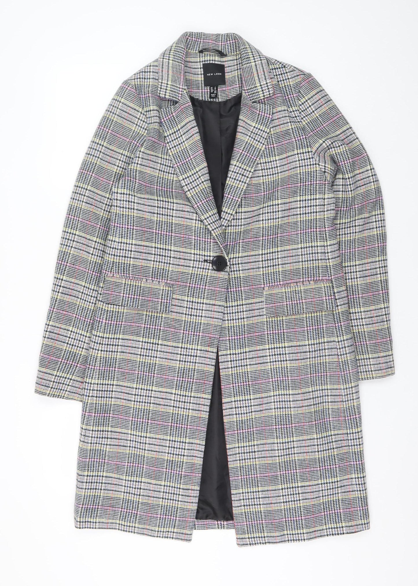 New Look Women Grey Checked Mid-Length Overcoat UK 8 Lined Blazer Style