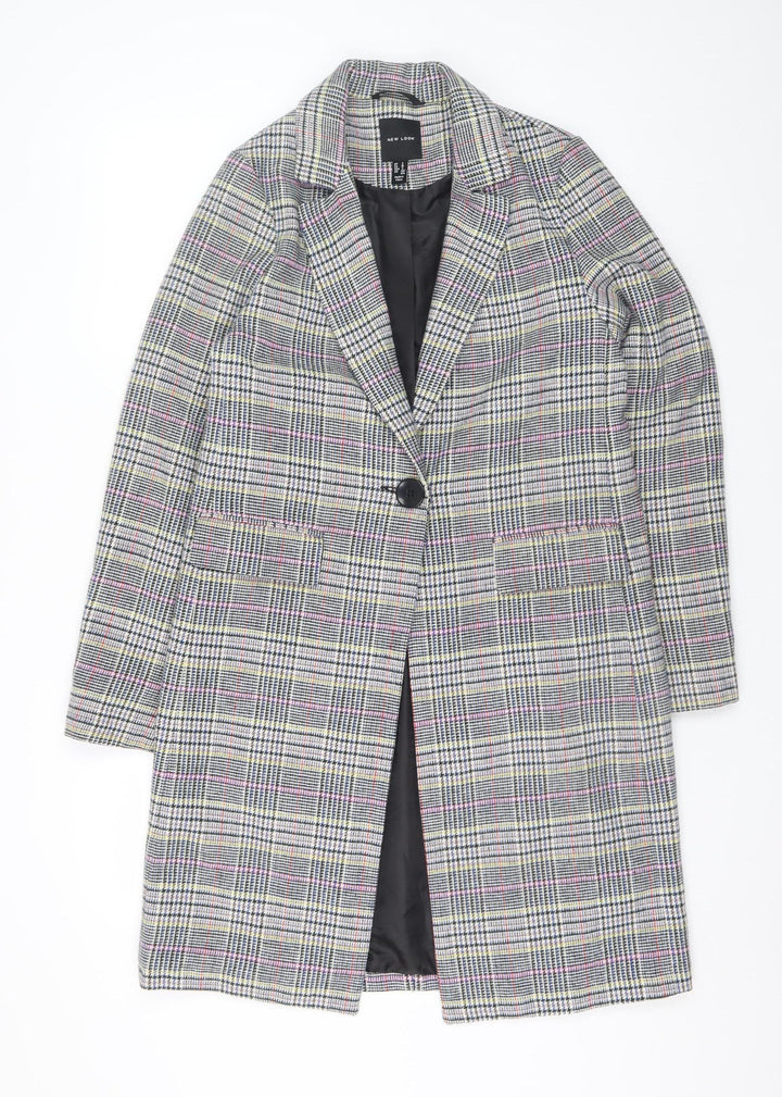 New Look Women Grey Checked Mid-Length Overcoat UK 8 Lined Blazer Style
