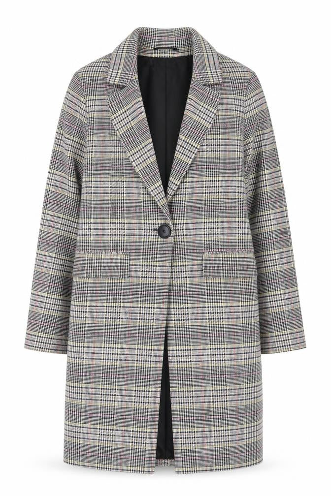New Look Women Grey Checked Mid-Length Overcoat UK 8 Lined Blazer Style