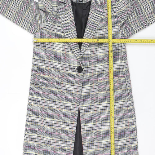 New Look Women Grey Checked Mid-Length Overcoat UK 8 Lined Blazer Style